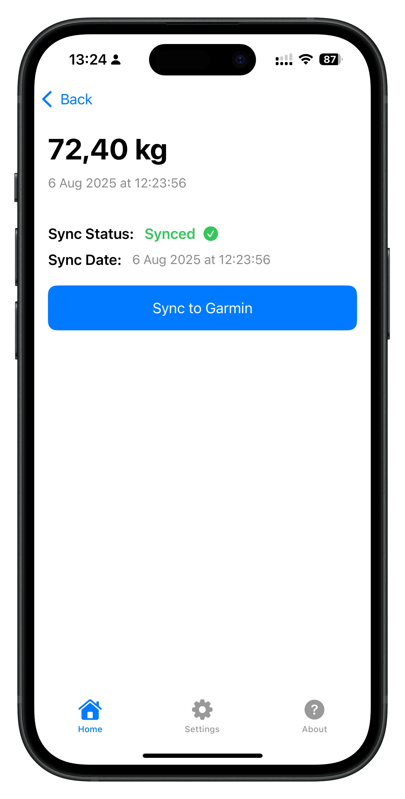 WeightSyncr Individual Weight Entry - Detailed view and sync options